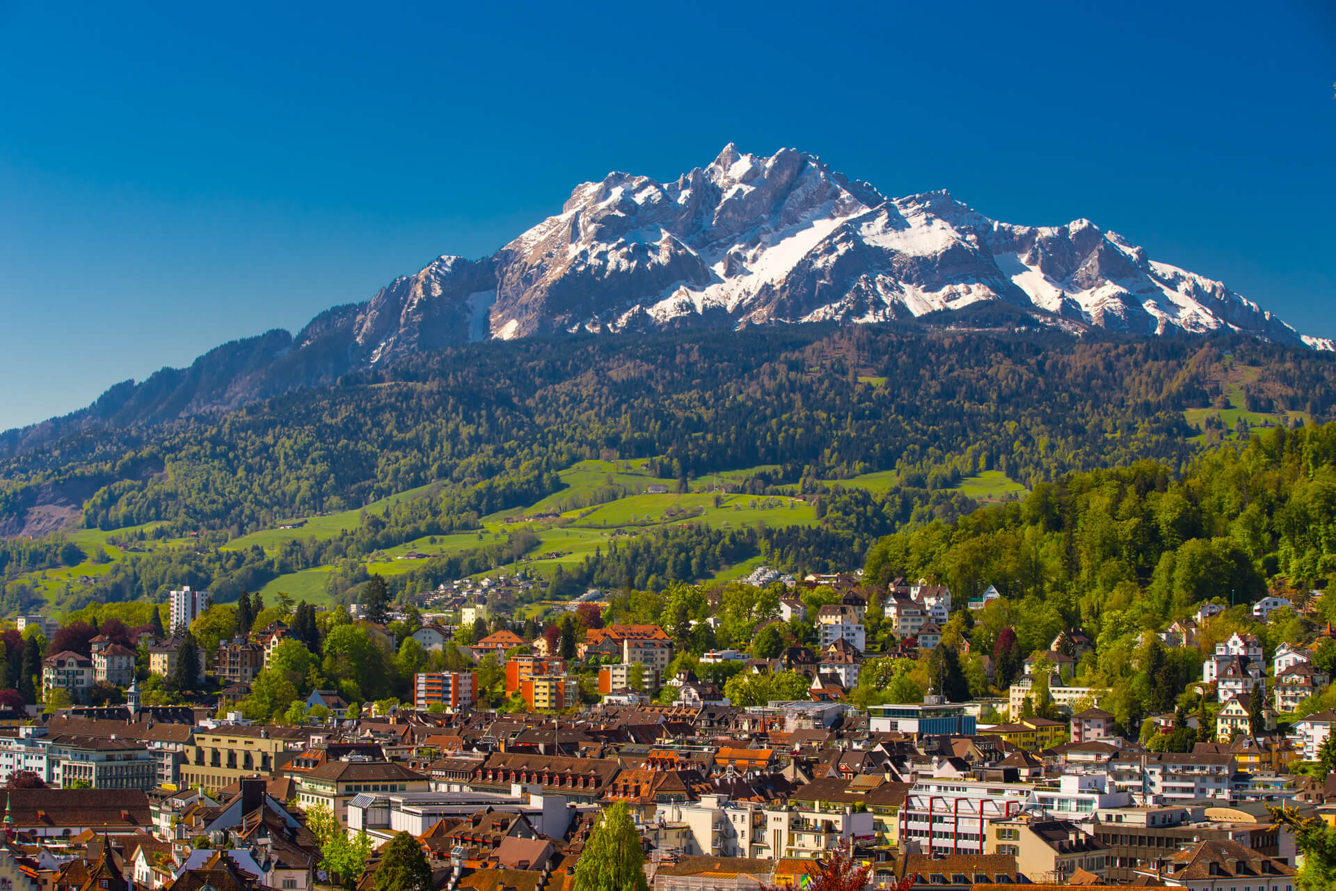 Pilatus Mountain and historic city center of Lucerne